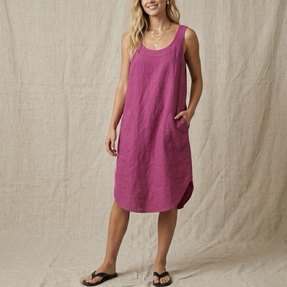 0039 Italy Dress 100% Linen Fuchsia Women's Small Boho Lagenlook Pockets Resort